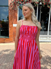 Audrey Pink and Red Striped Midi Dress