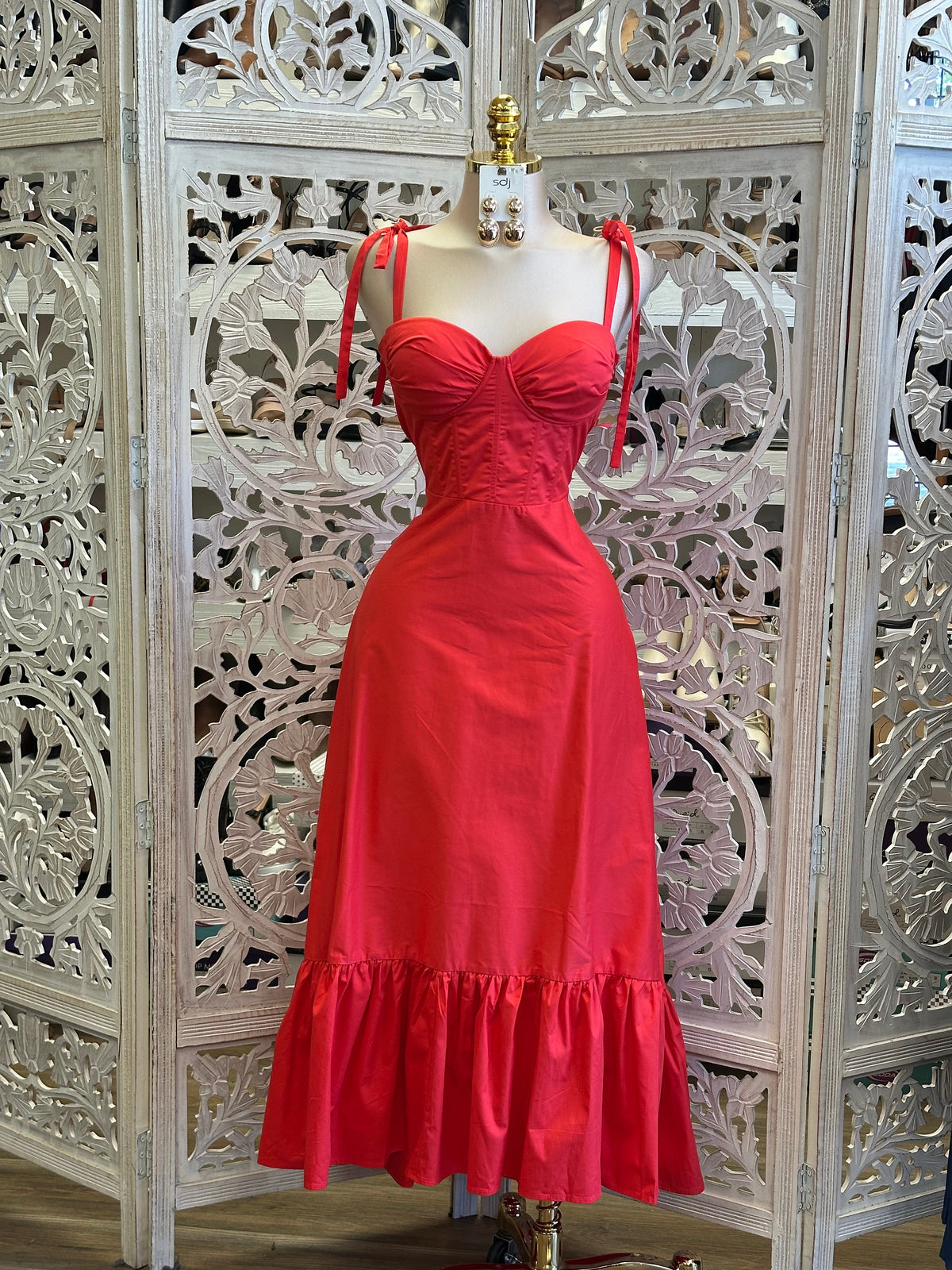 Cherry Corset Lined Midi Dress -Slightly Stretchy, Estira Poco