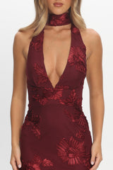 Cipriana Backless Halter Maxi Dress Embellished Wine