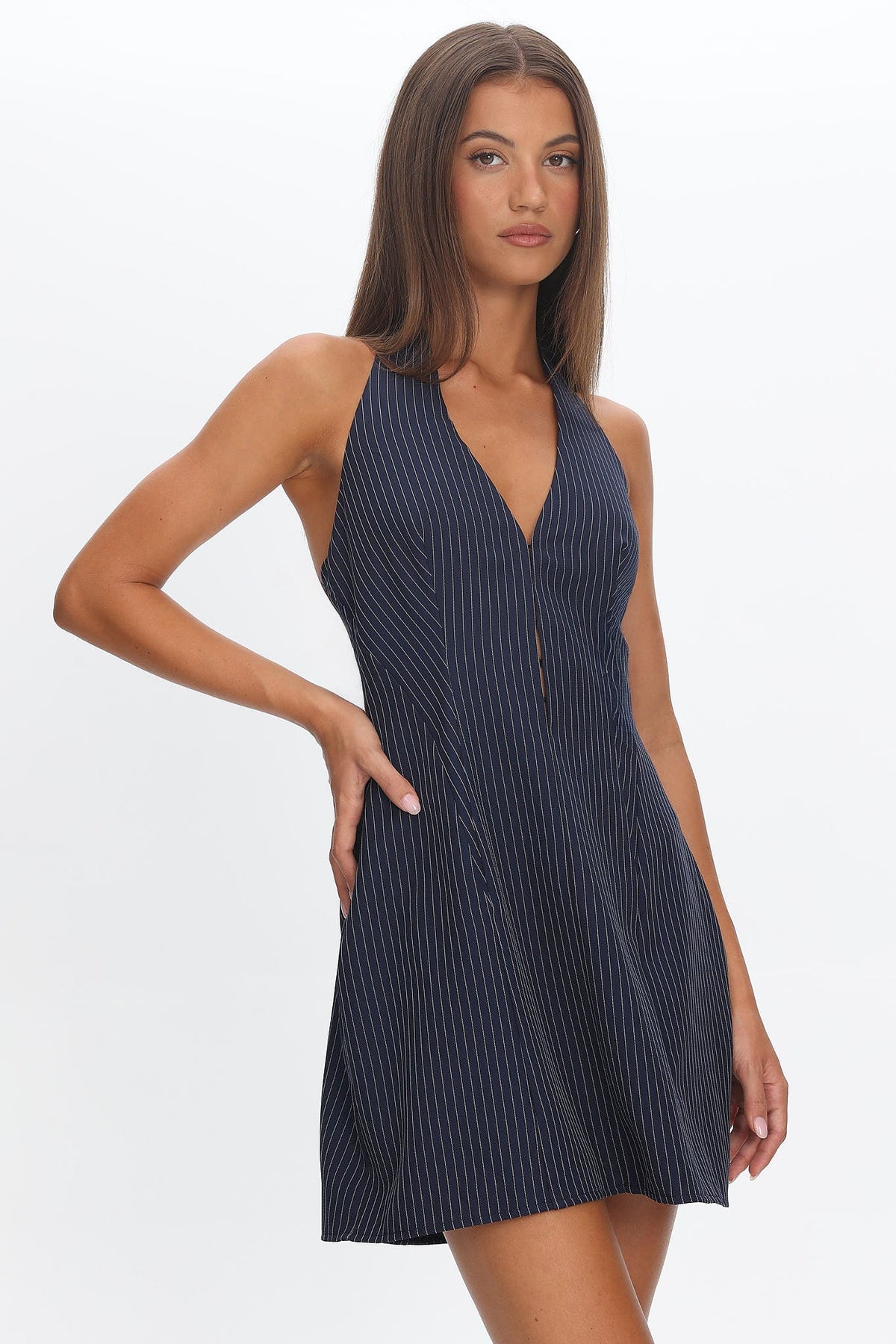 Elisabet Halter Neck Mini Dress Pinstripe Navy