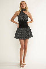 Kalianna Ruched Waist Scarf Mini Dress Polka Dot Black