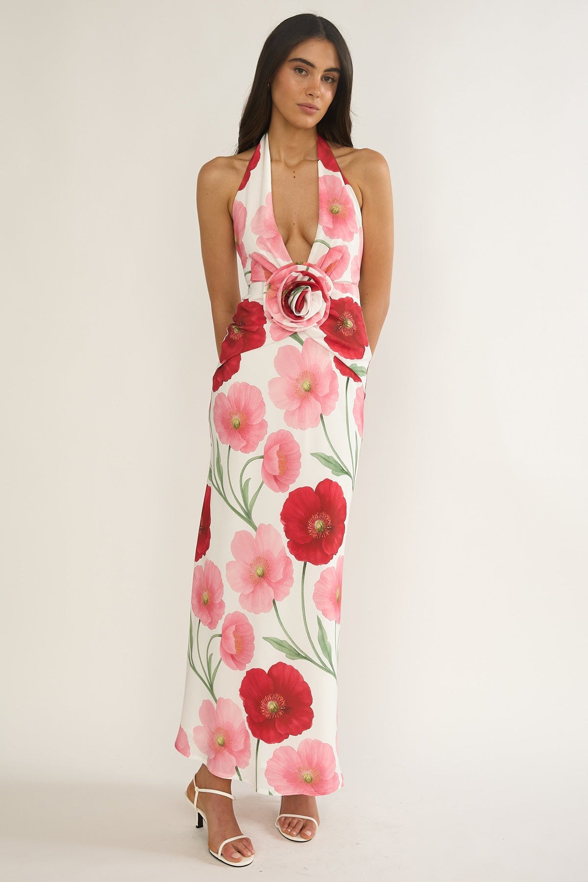Vale 3D Flower Halter Maxi Dress Floral
