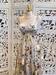 Beige Floral Ribbon Strap Dress- Slightly Stretchy, Estira Poco