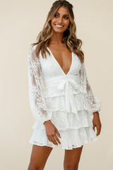 Queensland Balloon Sleeve Tiered Frill Lace Dress White