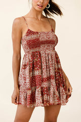 Marja Cami Strap Shirred Baby Doll Dress Paisley Print Burgundy
