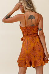 On The Prowl Cowl Neck Asymmetrical Hem Dress Leaf Print Tan