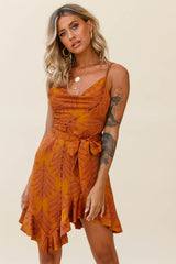 On The Prowl Cowl Neck Asymmetrical Hem Dress Leaf Print Tan