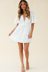 Esperanza Lace-Up Bust Floral Embroidery Dress White