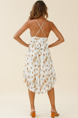 Marigold Peplum Midi Ruffle Dress Floral Print White
