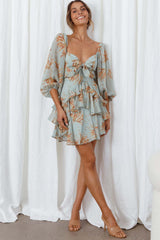Flower Child Three Quarter Sleeve Bust Tie Ruffle Dress Lily Print Pistachio