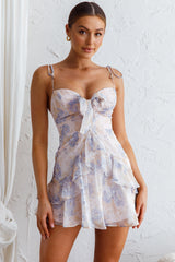 Flower Child Bust Tie Ruffle Trim Dress Rose Floral Print Lilac