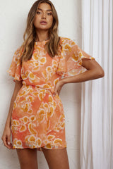 Dionne Angel Sleeve Twist Detail Dress Botanic Print Peach/Yellow