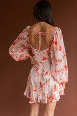 Catch Feelings Sweetheart Neckline Dot Trim Dress Rose Print Orange