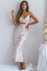 Jasper Cowl Neck Cut-Out Drawstring Back Midi Dress Zebra Print Beige