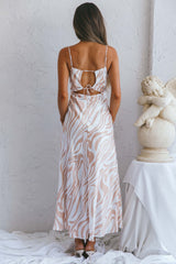 Jasper Cowl Neck Cut-Out Drawstring Back Midi Dress Zebra Print Beige
