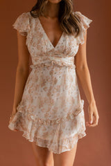 New Dawn Frill Shoulder Mini Dress Floral Mocha