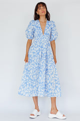 Summer Land V-Neckline Midi Dress Floral Blue