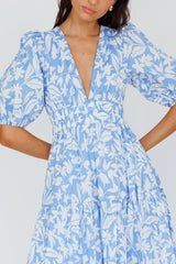 Summer Land V-Neckline Midi Dress Floral Blue
