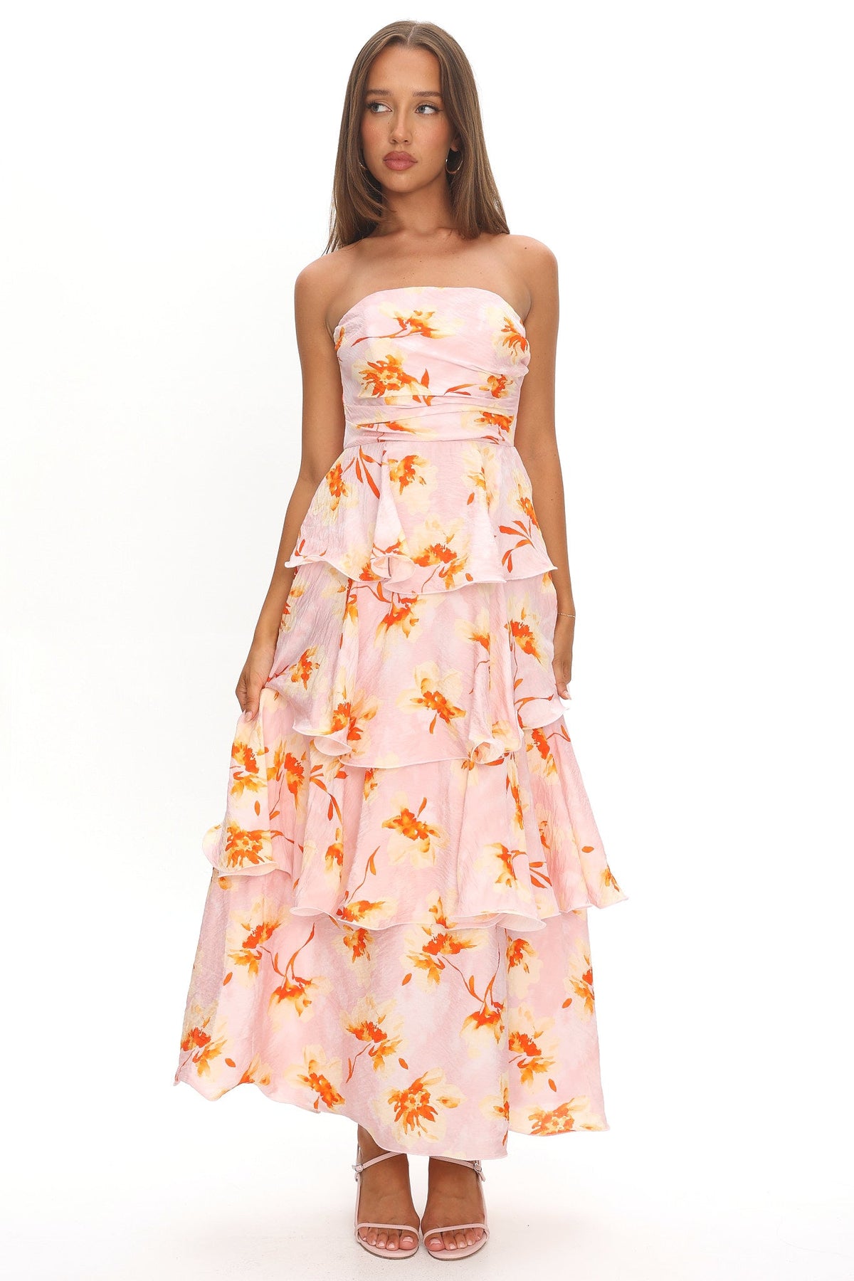 Giavana Strapless Layered Maxi Dress Floral Print