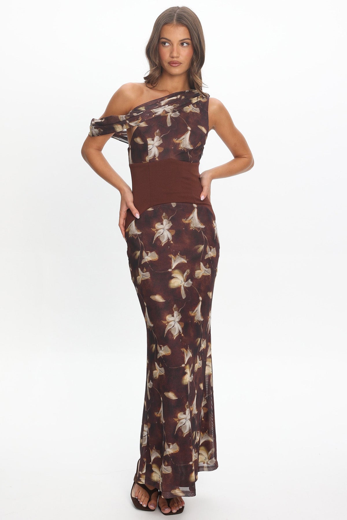 Milos Asymmetric Neckline Maxi Dress Floral