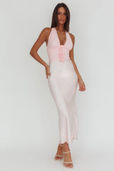 Heliora Halterneck Rosette Bust Maxi Dress Pink