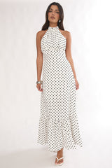 Romana High Neck Halter Maxi Dress Polka Dot White