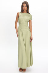 Adiel Ruched Asymmetric Waist Maxi Dress Olive