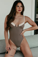 Gone Swimming Ribbed One Piece Swimsuit (Beige/Brown)