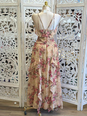 Earth Floral Ruffled Midi Dress -Not Stretchy, No Estira