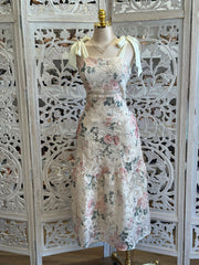 Ribbon Sleeve Floral Crochet Midi Dress- Not Stretchy ,No Estira
