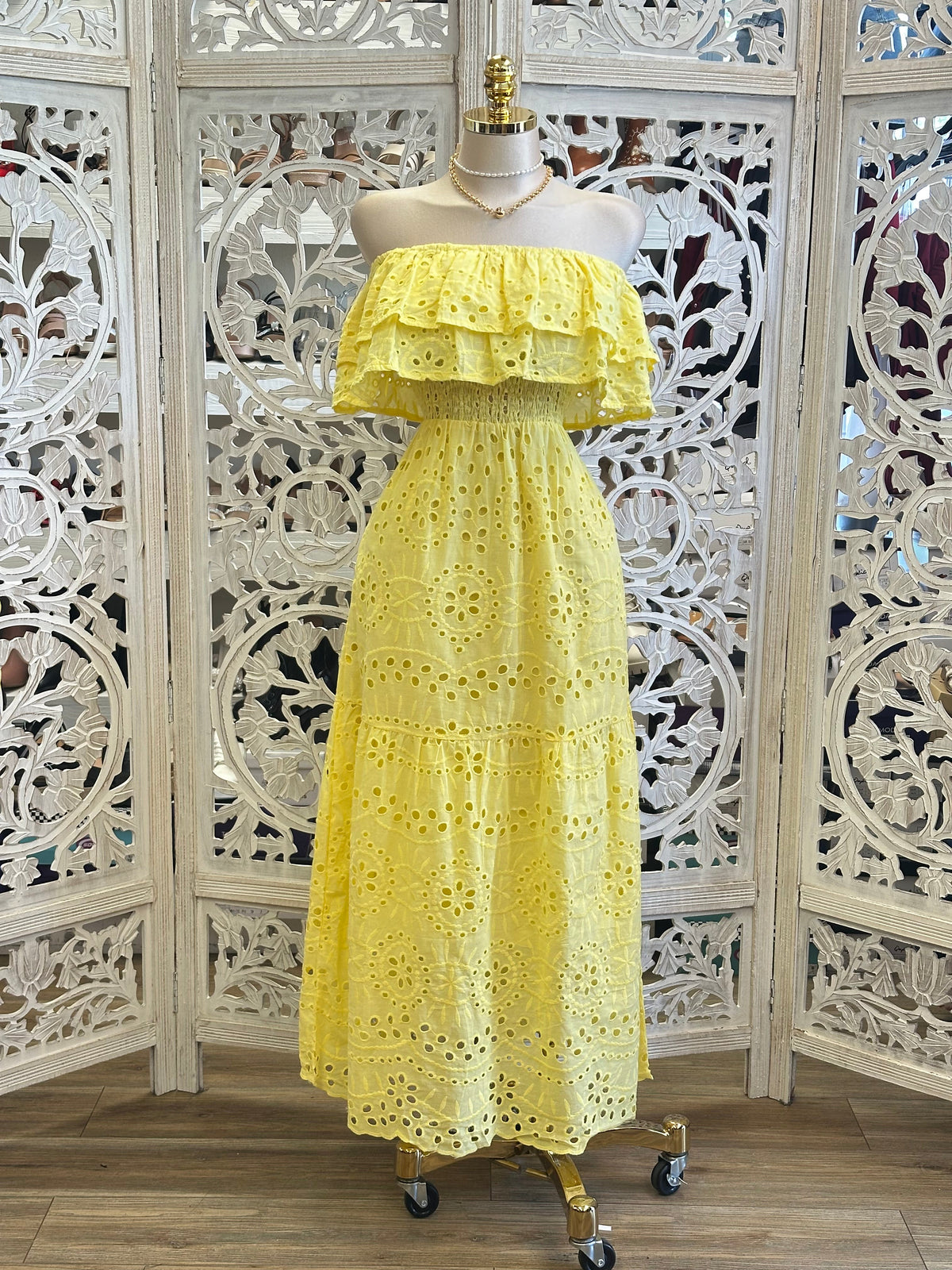 Sunny Yellow Eyelet Maxi Dress - Estira, Stretchy