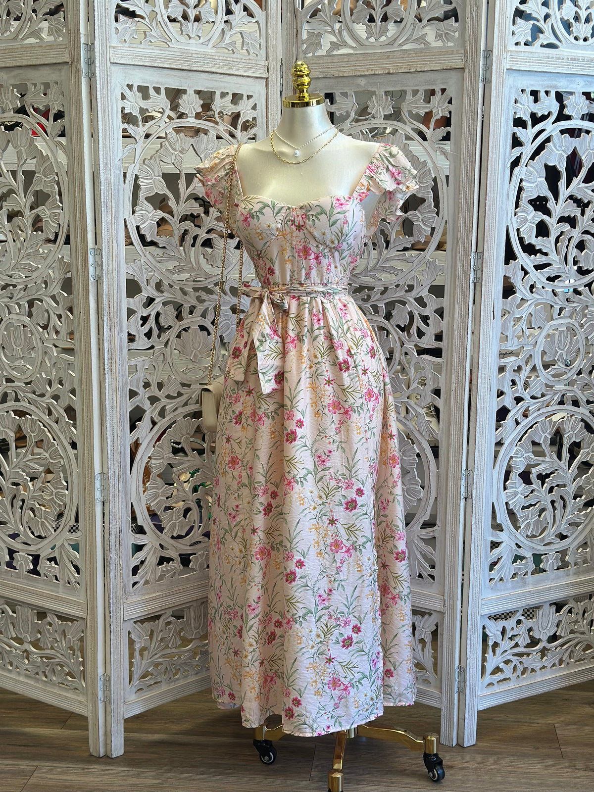Mini Floral Pink Flowy Midi Dress- Stretchy, Estira