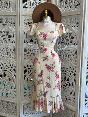 Smocked Floral Midi Dress-No Estira, Not Stretchy