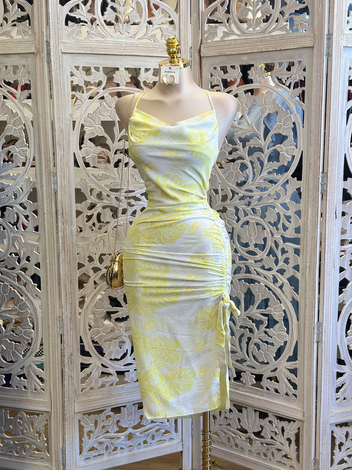 Leaf Pattern Yellow Ruched Dress -No Estira, Not Stretchy