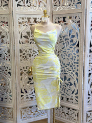 Leaf Pattern Yellow Ruched Dress -No Estira, Not Stretchy