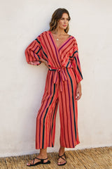 LUNARIA TRIPED KIMONO SURPLICE JUMPSUIT