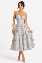 Pale Blue Floral Grid Dress -Not Stretchy, No Estira