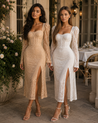 Puff Sleeve Lace MidiDress -Estira, Stretchy