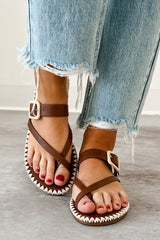 Moonlit Strolls Stitched Edge Toe Strap Sandals (Dark Tan)