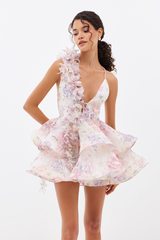 3D Flower Chiffon Ruffle Mini Dress