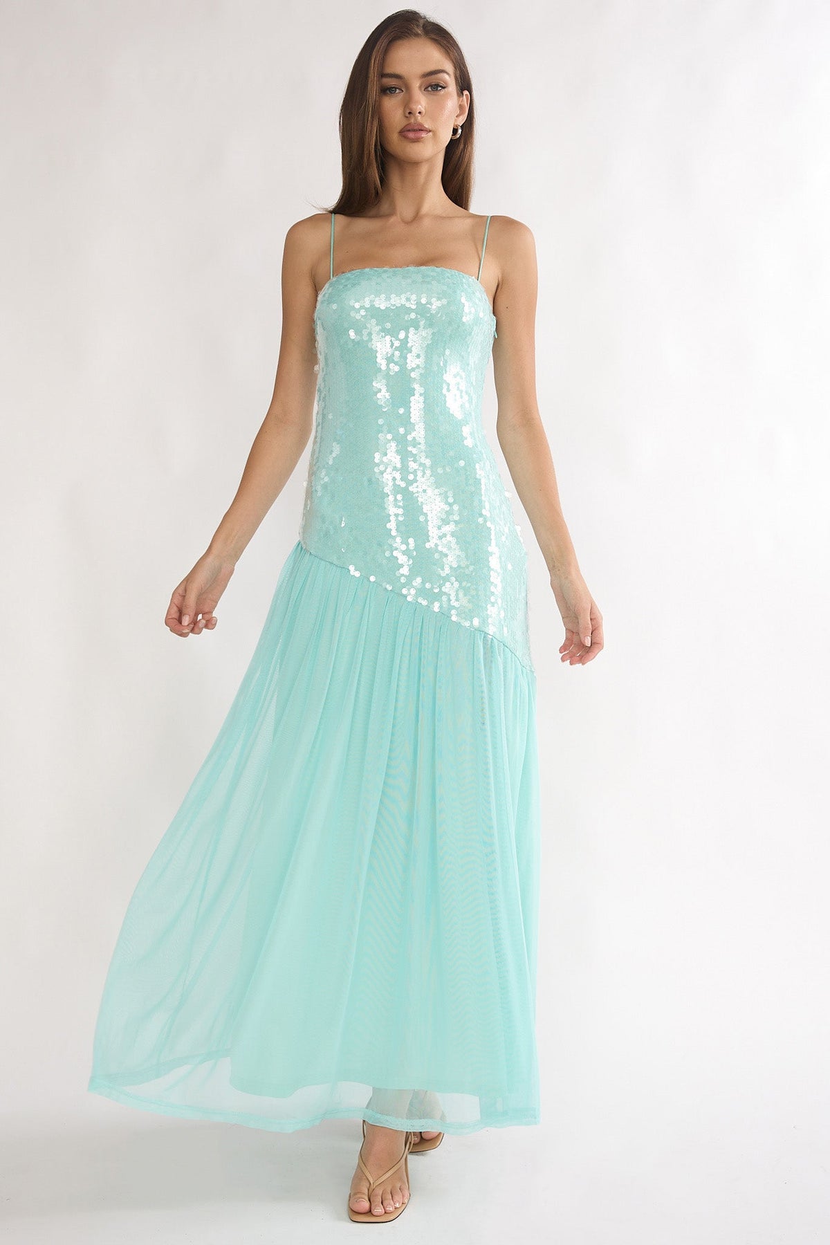 Azure Sun Drop Waist Split Maxi Dress Sequin Aqua