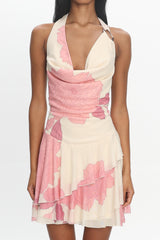 Sumi Cowl Ruffle Mini Dress Floral Blush