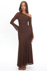 Lylah Asymmetric Neckline Long Sleeve Maxi Dress Lace Chocolate