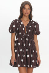 Antibes Tie Front Puff Sleeve Mini Dress Chocolate/White