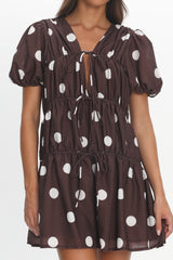 Antibes Tie Front Puff Sleeve Mini Dress Chocolate/White