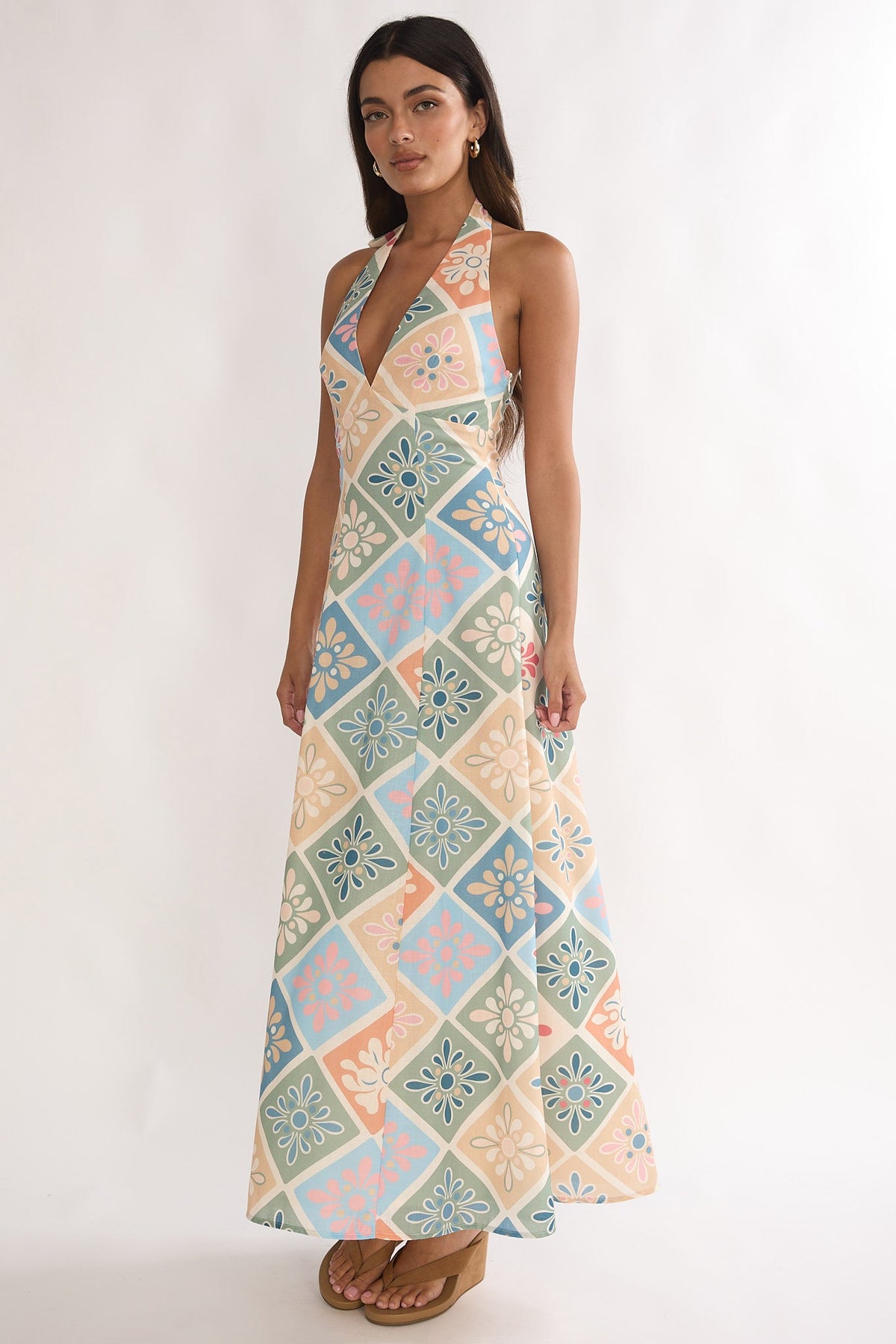 Nolara A-Line Halterneck Maxi Dress Green Multi