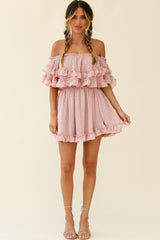 Meet Me At Sunset Bardot Neckline Frill Trim Dress Speckle Print Pink