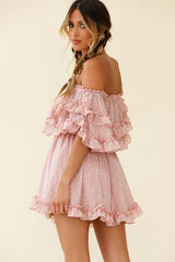 Meet Me At Sunset Bardot Neckline Frill Trim Dress Speckle Print Pink