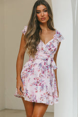 Lola Ruffle Shoulder Ruched Dress Floral Print Pink