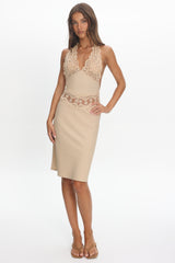 LIONESS Solana Midi Dress Beige Plaid